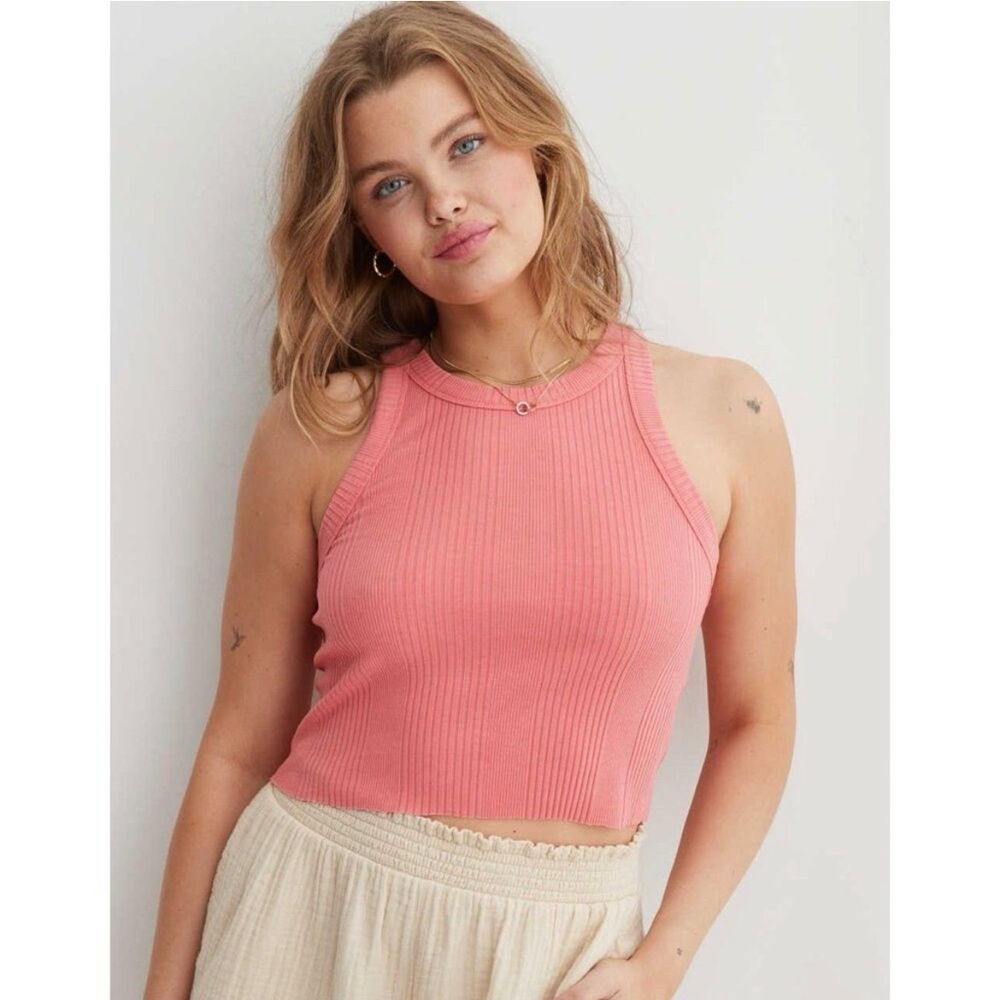 Aerie Ribbed Crop Tank Top Womens Medium Coral Pink Sleeveless Fitted